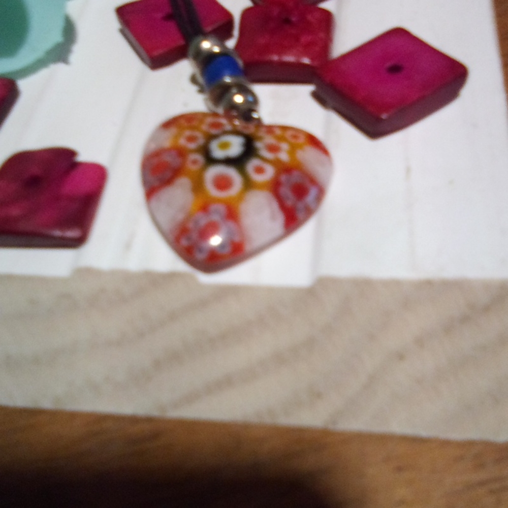 Vintage Floral Heart Glass Pendant on Slip Knot Cord - Picture 6 of 15